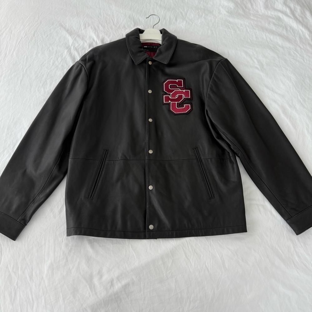 ASOS Design SC Varsity Leather Jacket Black Burgundy Patch Size M Oversized